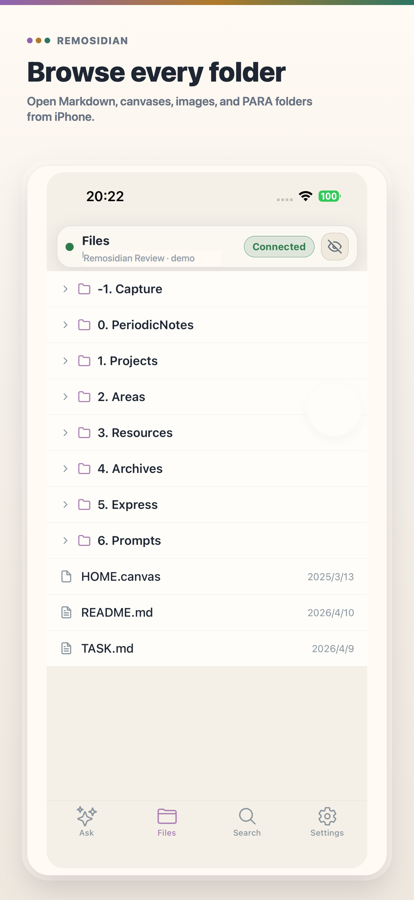 Remosidian Files tab showing demo vault folders